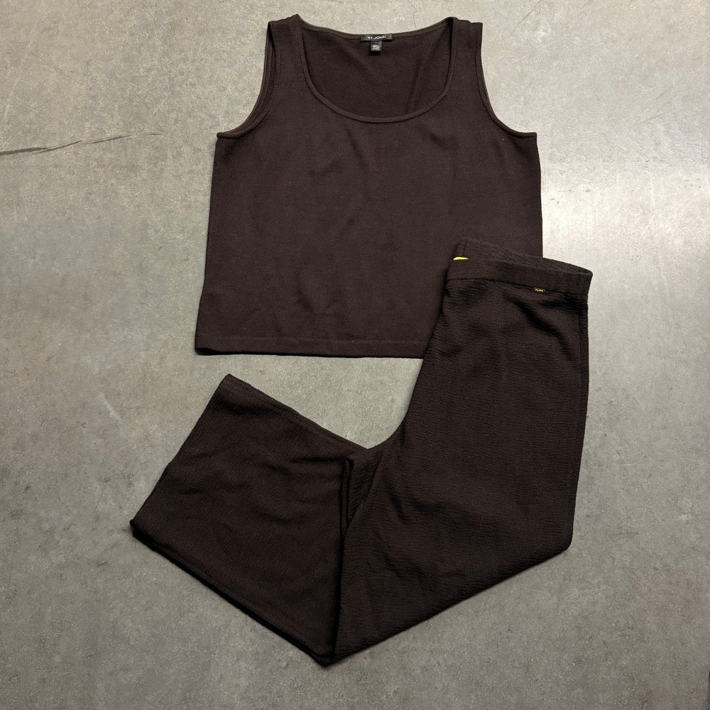 St. John Wool Blend Knit Tank and Wide Leg Pants Set Brown L XL